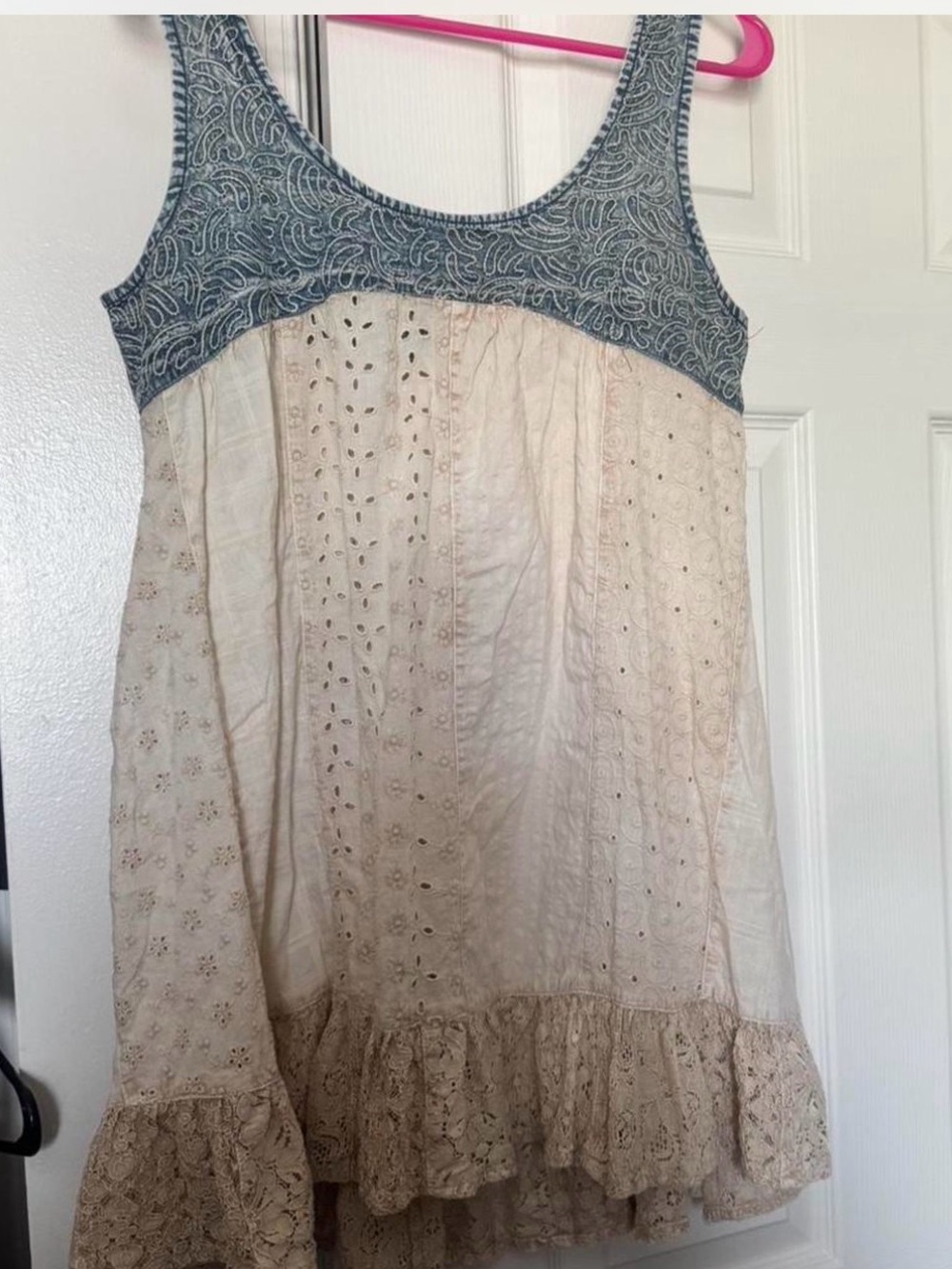 Cream Eyelet long with Blue Embroidered Trim says large but small fit